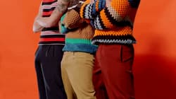 Three erections trying to escape colorful pants'