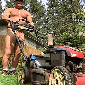 Cock-Walking Man Mowing Lawn Naked'