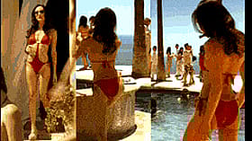 Blonde Celebrity Maggie Q in a Red Bikini'